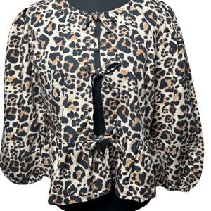 Sim‎ Sam Leopard Print Puff Sleeve Bow Front Tie Ruffled Y2K Inspired Women S